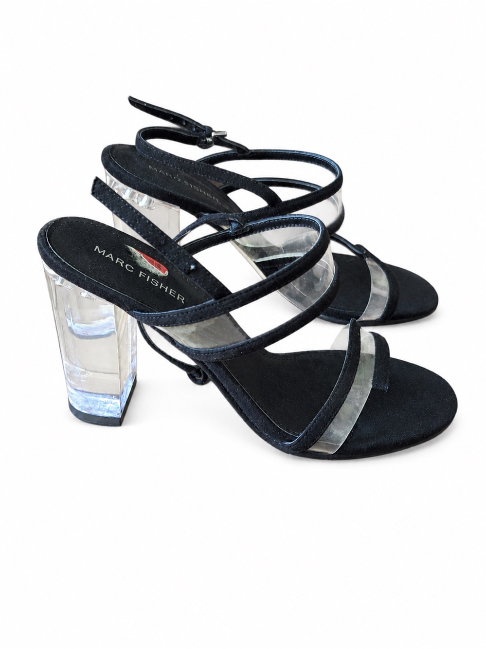 Marc Fisher Black Strappy Sandals with Clear Block Heel Accent